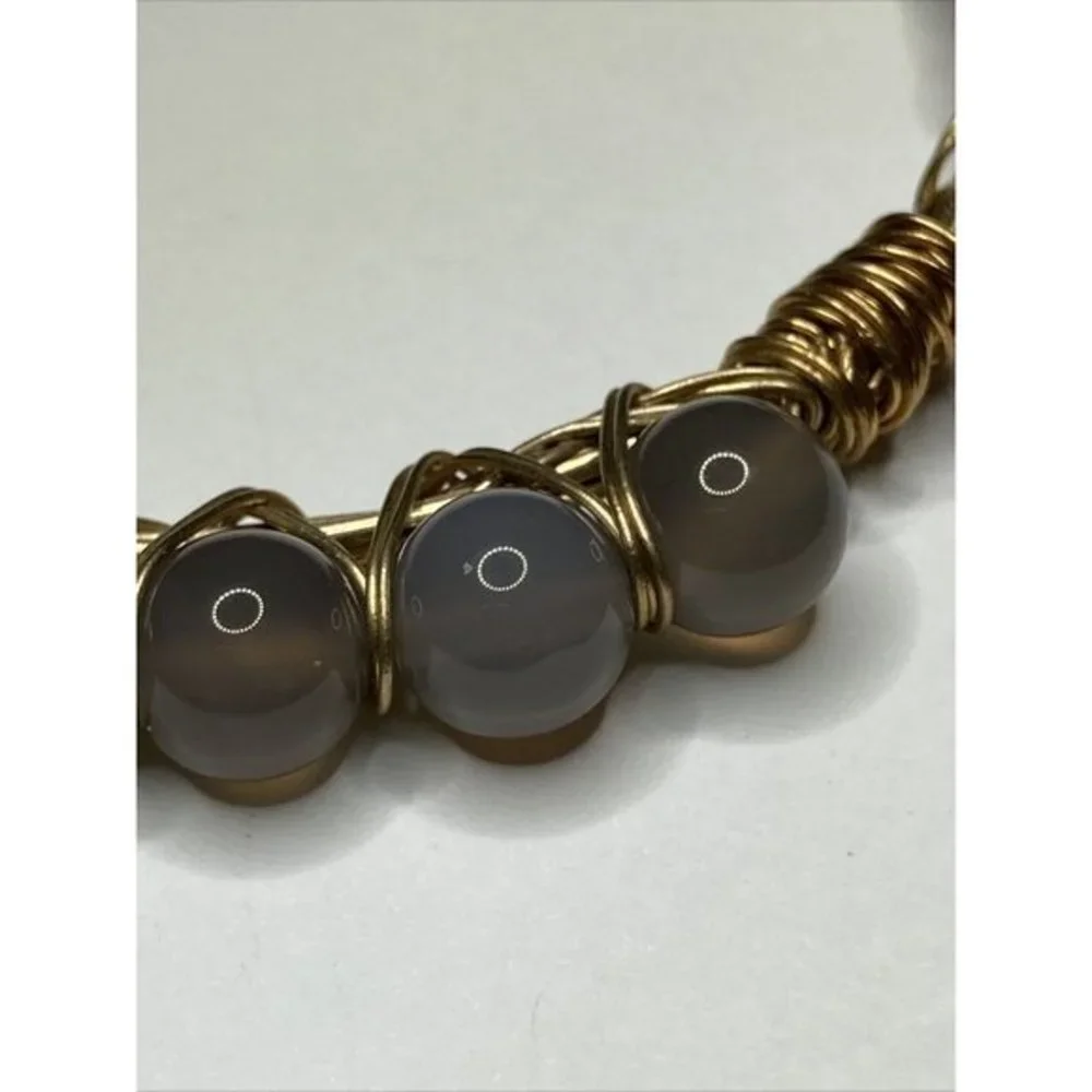 Canvas Bracelet Gold Tone Beaded Gray  Wrapped‎ Wire Hook closure